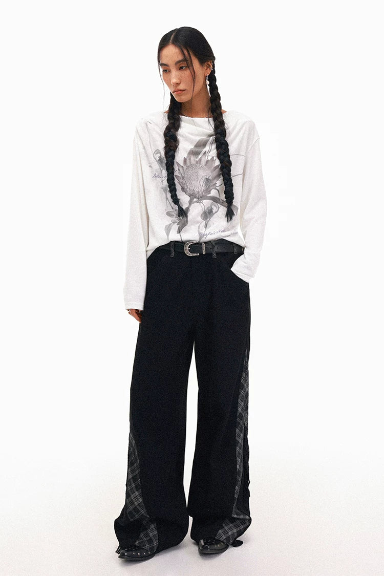 Plaid Lace Panel Draped Boho Flared Jeans
