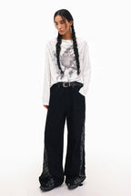 Plaid Lace Panel Draped Boho Flared Jeans