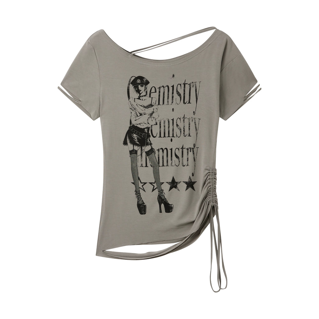 NANA Collaboration Distressed Drawstring Off-Shoulder Short Sleeve T-Shirt
