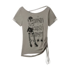 NANA Collaboration Distressed Drawstring Off-Shoulder Short Sleeve T-Shirt