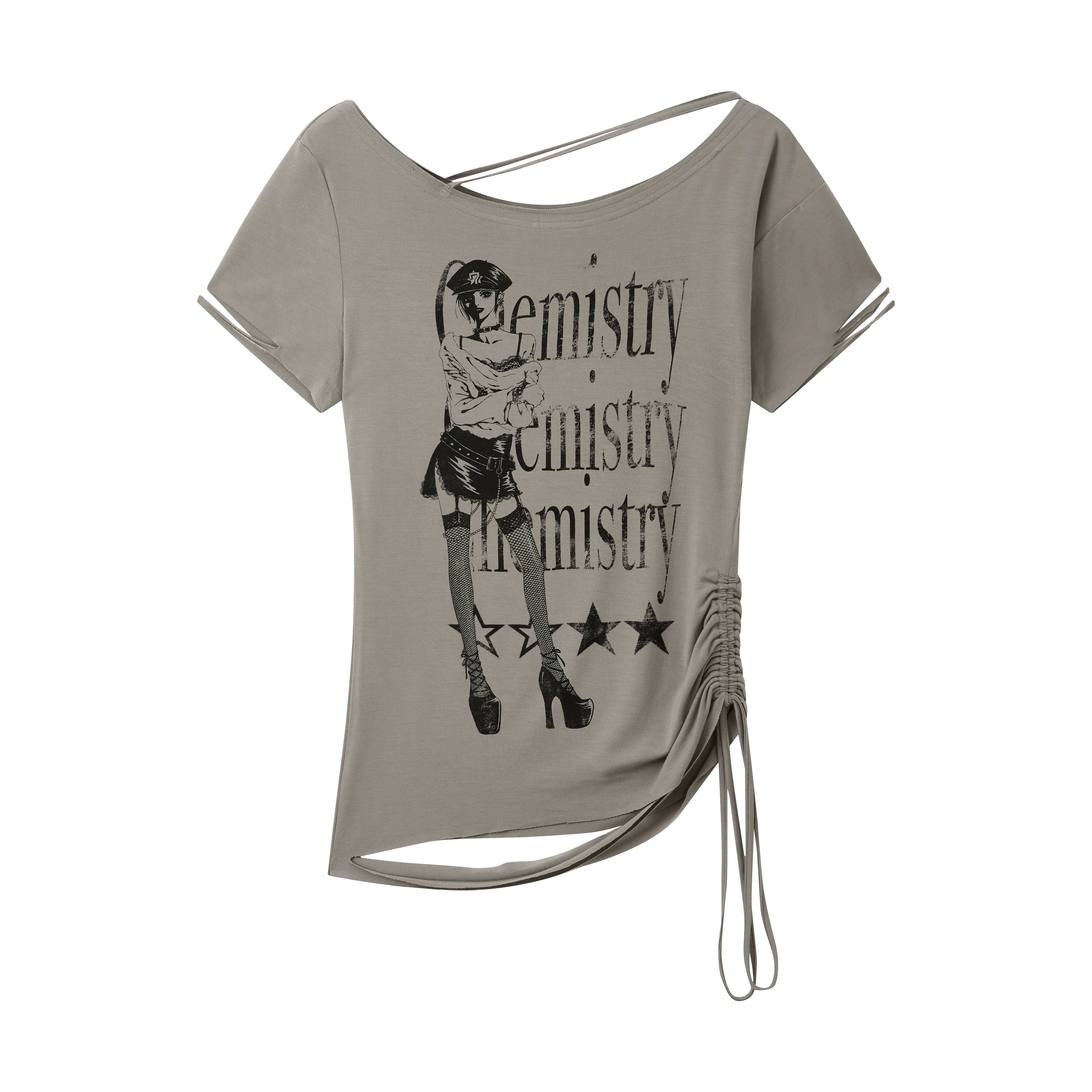 NANA Collaboration Distressed Drawstring Off-Shoulder Short Sleeve T-Shirt