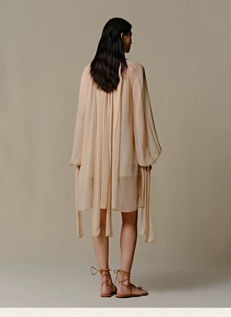 Mulberry Silk Semi-Sheer Tie-Neck Blouse