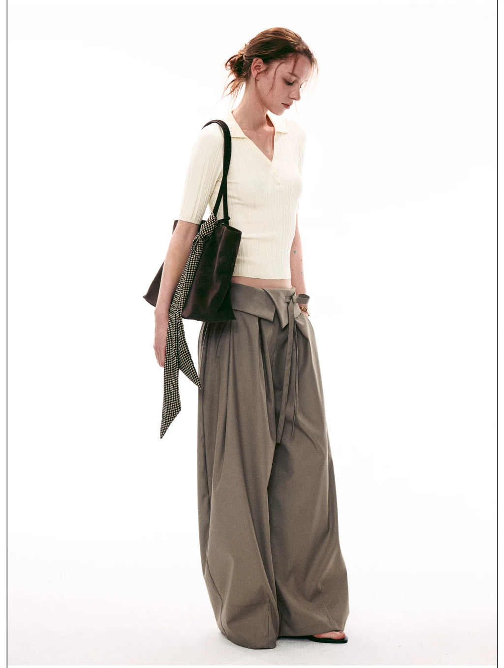 French Style Foldover Wide-Waist Tie Loose Wide-Leg Pants