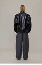 Waxed Black Leather Moto Jacket with Curved Shoulders