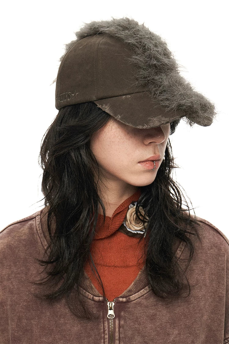 Vintage Punk Distressed Mohair Plush Newsboy Cap with Studs – Washed Texture