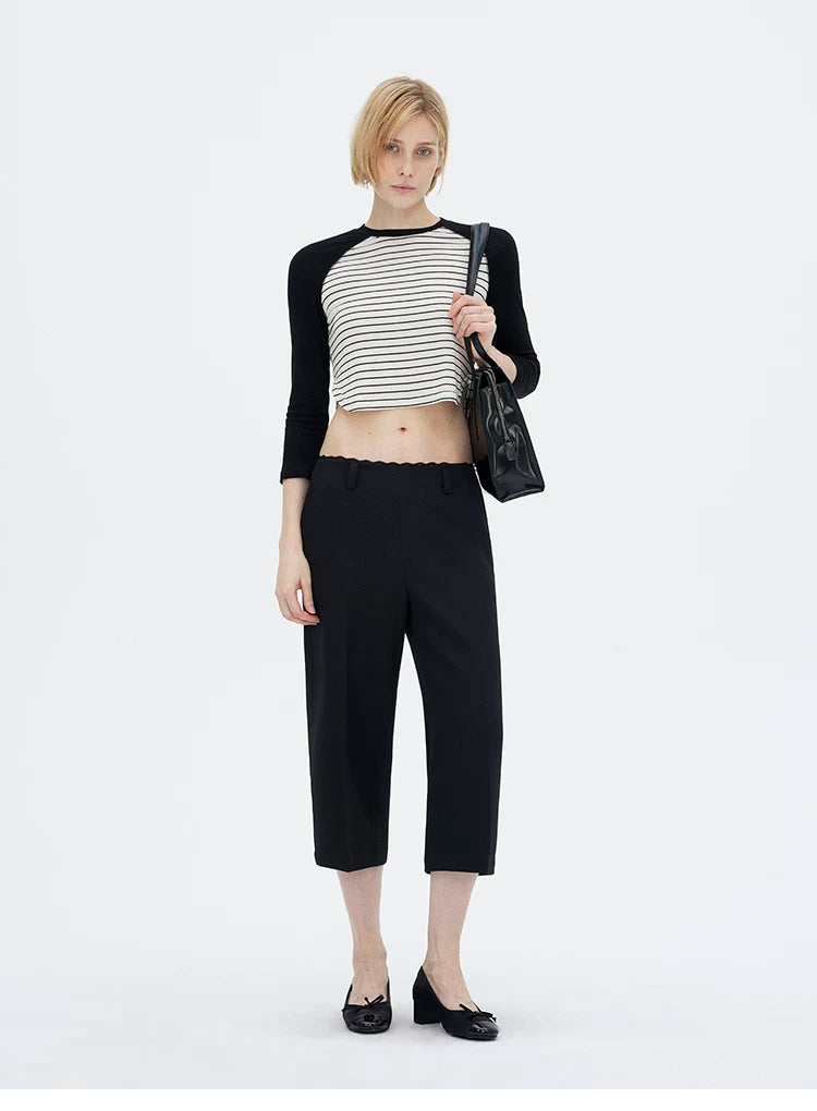 Lace Waist Straight-Leg Cropped Tailored Pants