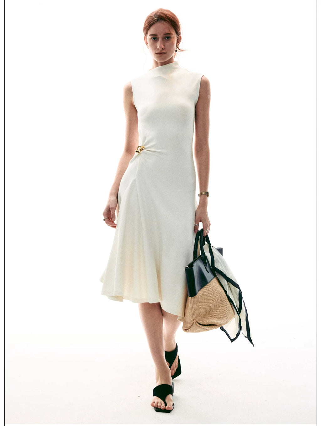 French Style Sleeveless Knot Detail Casual Work Dress