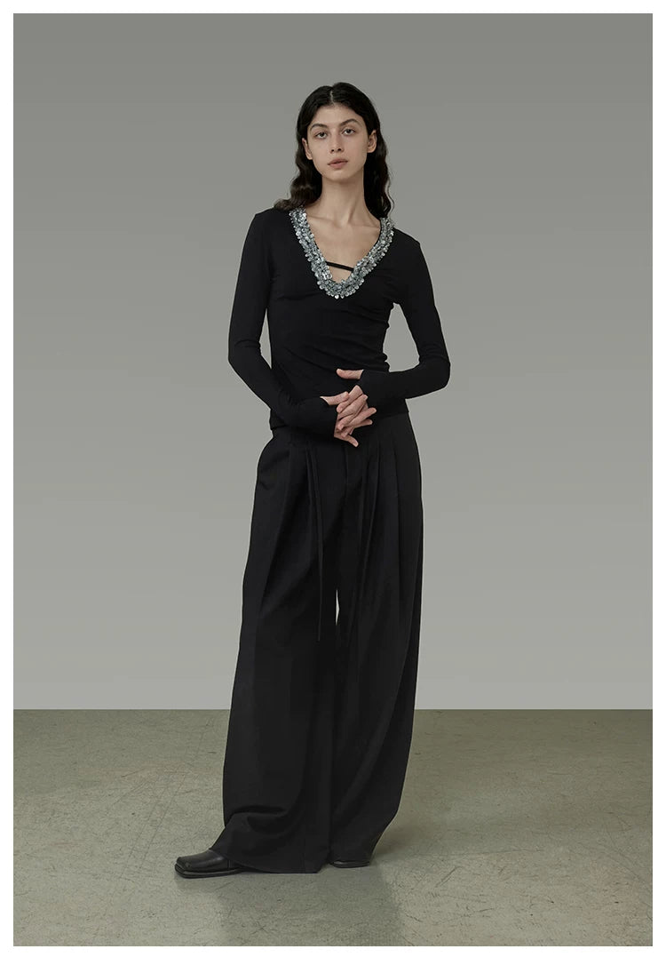 Black Tie-Waist Pleated Wide-Leg Pants