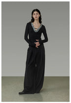 Black Tie-Waist Pleated Wide-Leg Pants