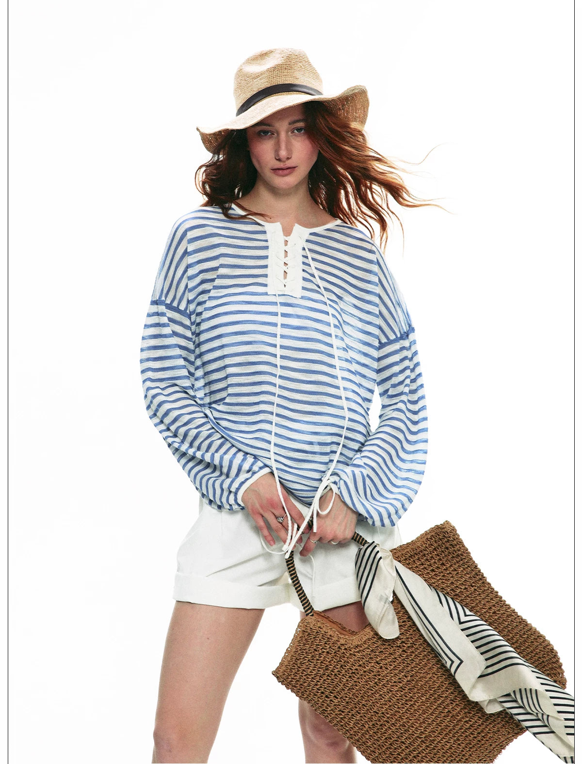 French Striped Lightweight Knit Long Sleeve Top