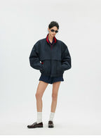 Contrast Trim Double-Placket Stand Collar Oversized Jacket