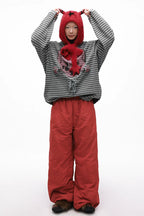 Grotesque Cat Paw Print Lace Trim Loose Striped Hooded Long Sleeve T-Shirt