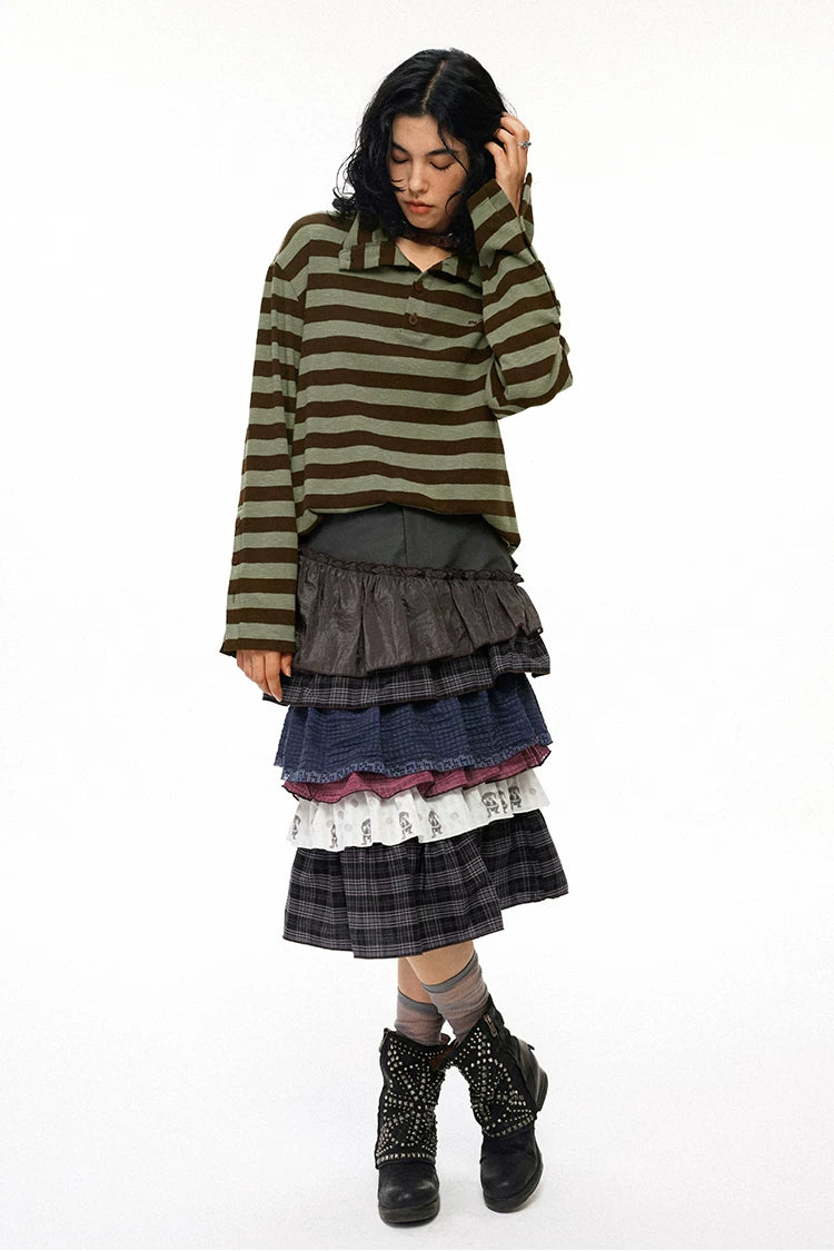 Curved Colorblock Polka Dot Pleated Midi Cake Skirt