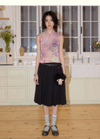 New Chinese Style All-Over Print Pleated Mock Neck Sleeveless Tank Top