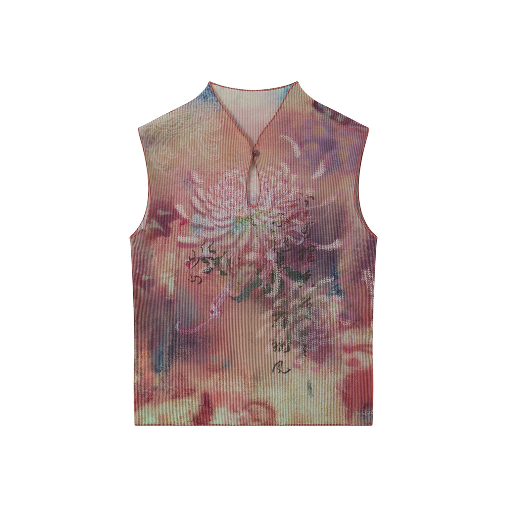 New Chinese Style All-Over Print Pleated Mock Neck Sleeveless Tank Top