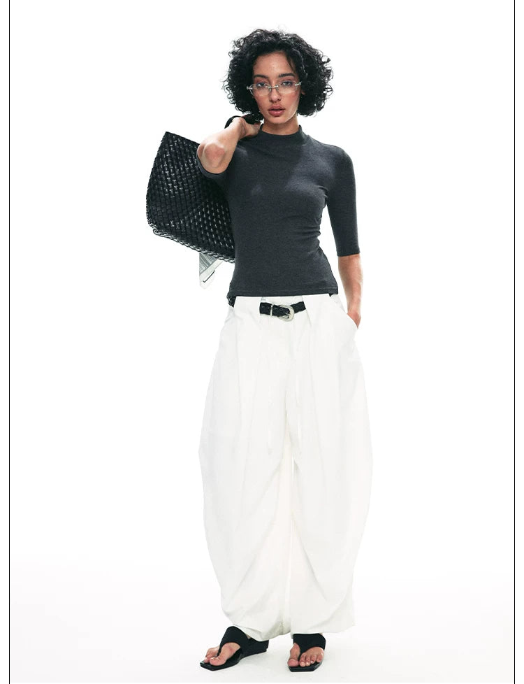 Tencel Knit Slim-Fit Short Sleeve Top with Mock Neck