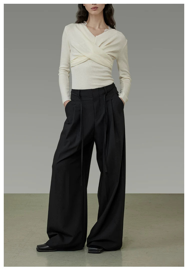 Black Tie-Waist Pleated Wide-Leg Pants