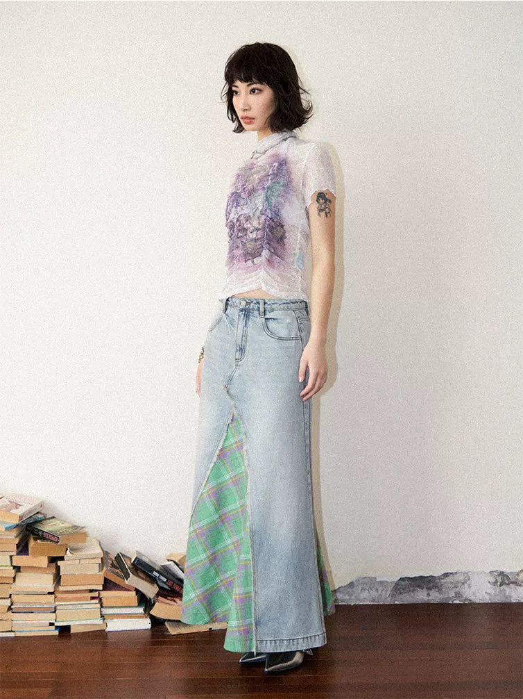 Lace Ruched Slim-Fit Printed Short Sleeve T-Shirt