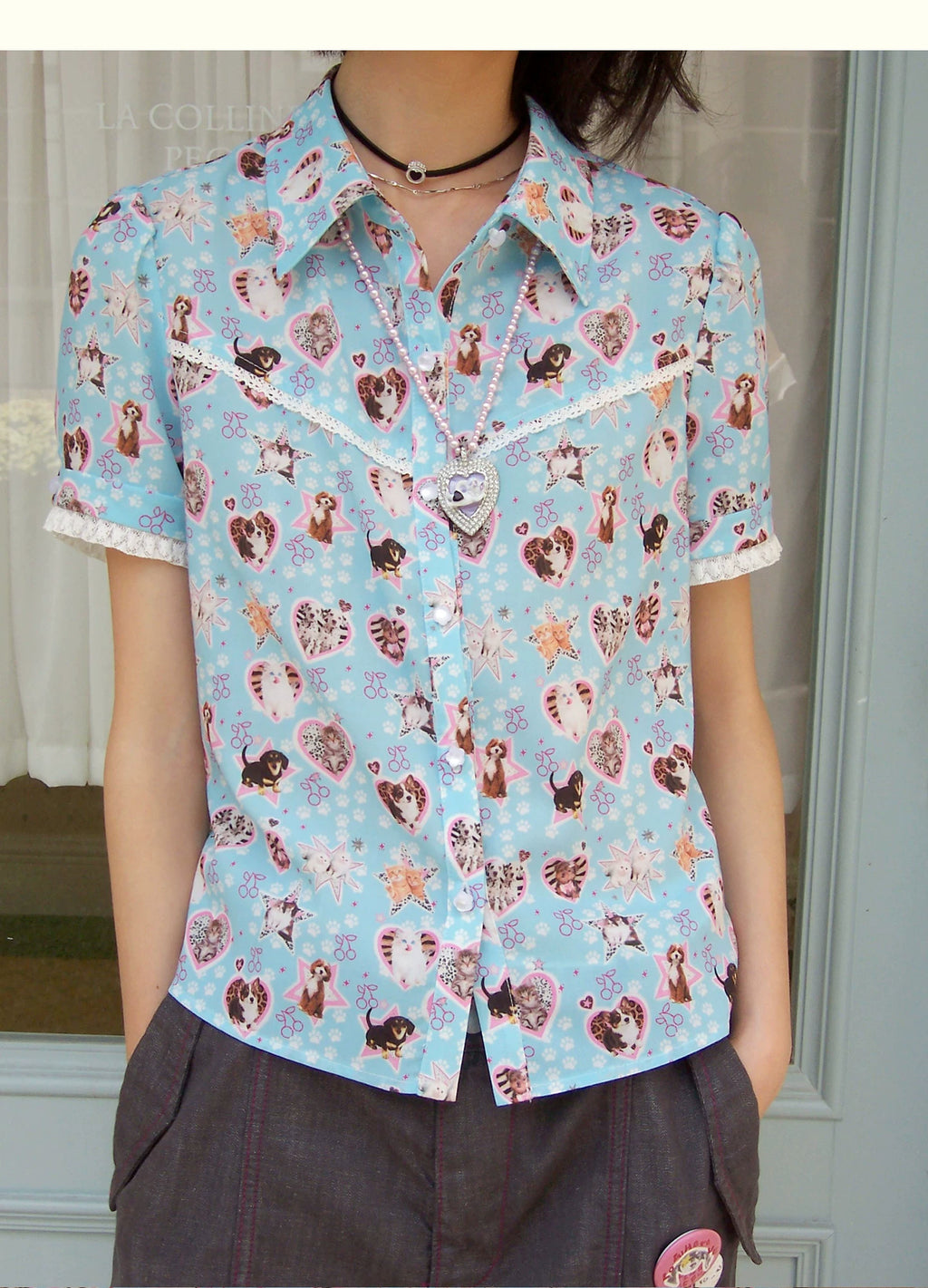 Playful Pet Lace Trim Short Sleeve Shirt