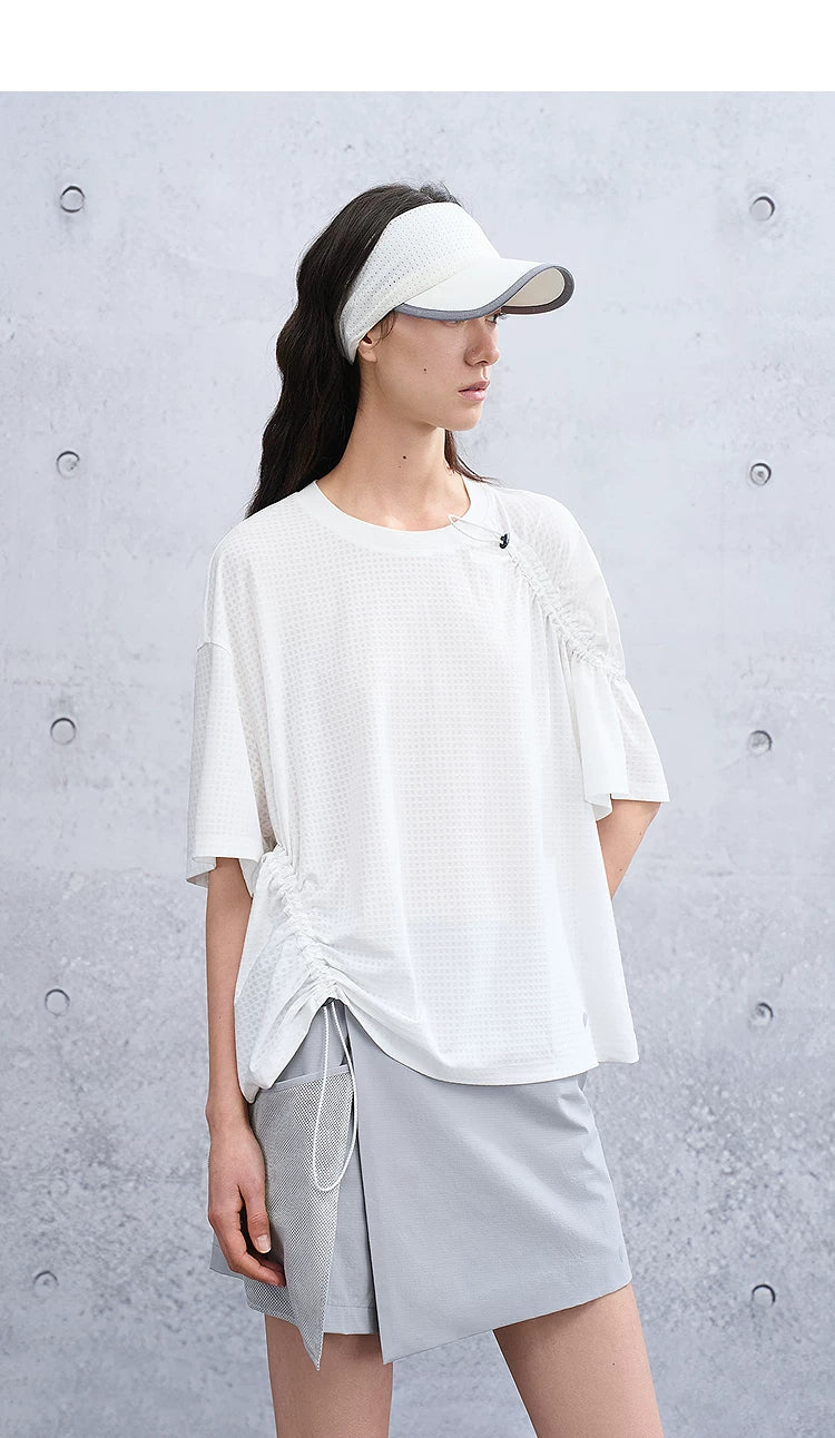 Loose Casual Waffle Knit Asymmetrical Short Sleeve T-Shirt