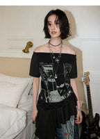 NANA Collaboration Asymmetrical Off-Shoulder Lace Hem Lace-Up Graphic T-Shirt