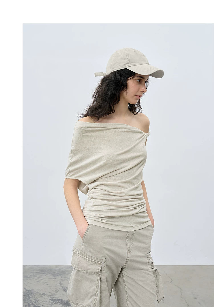 Summer Loose Casual One-Shoulder Asymmetrical Ruched T-Shirt