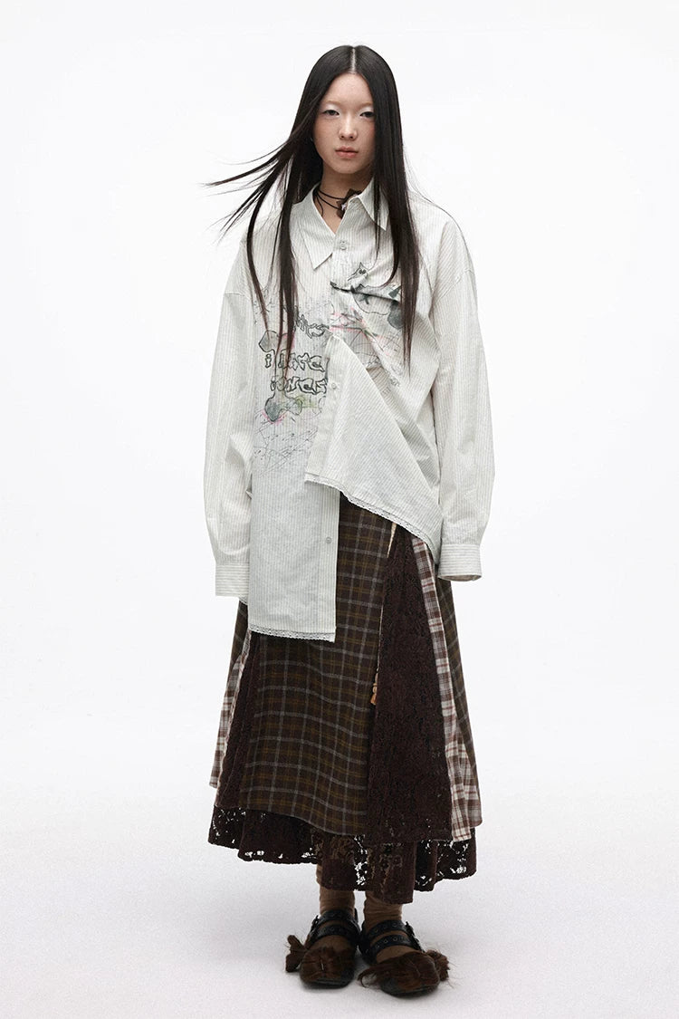 Vintage Plaid Lace Patchwork Layered Midi Skirt
