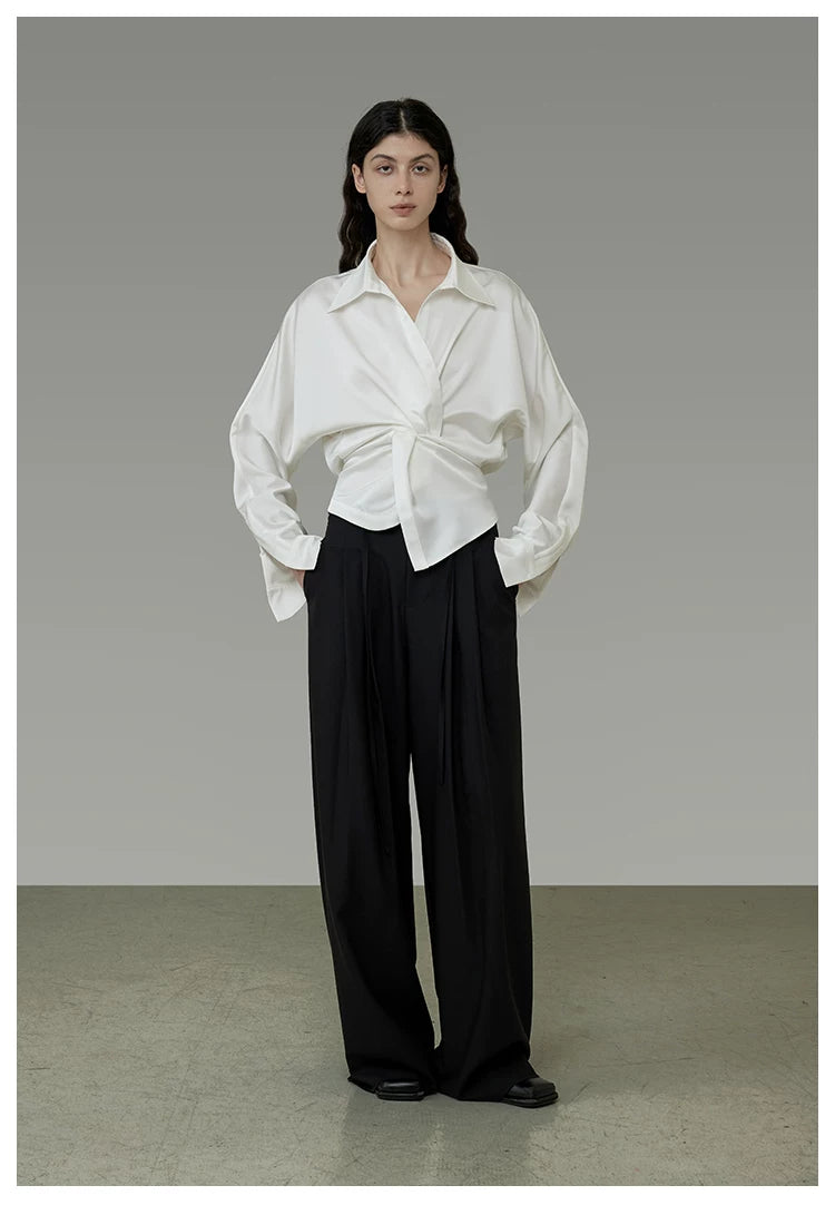 French-Inspired Satin V-Neck Twist Knot Blouse
