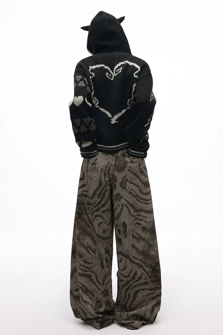 Leopard Digital Print Curved Panel Denim Pants with Double Waistband – Trendy Split Design Jeans