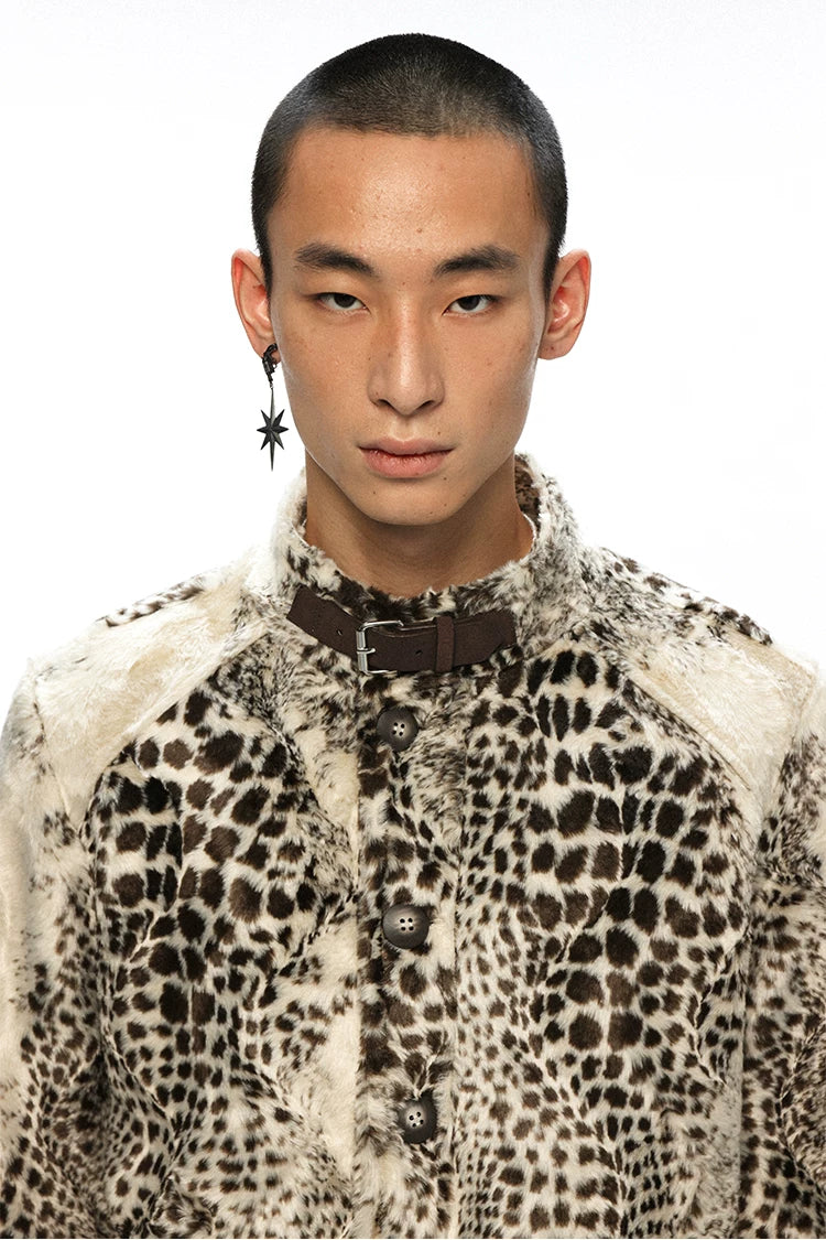 Leopard Print Faux Fur Glossy Stand Collar Cropped Casual Jacket
