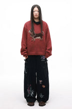 Punk Dog Faux Mink Jacquard Retro Color-Block Soft Knit Sweater