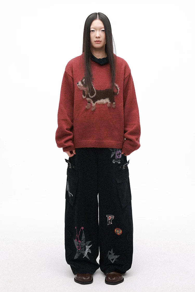 Punk Dog Faux Mink Jacquard Retro Color-Block Soft Knit Sweater