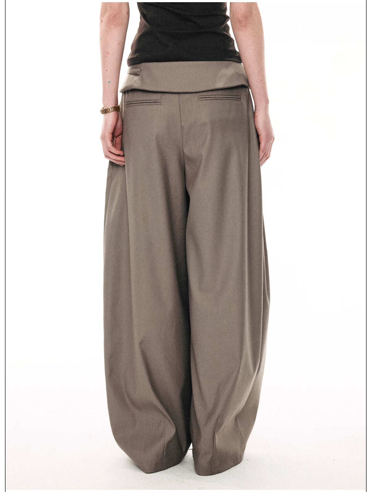 French Style Foldover Wide-Waist Tie Loose Wide-Leg Pants