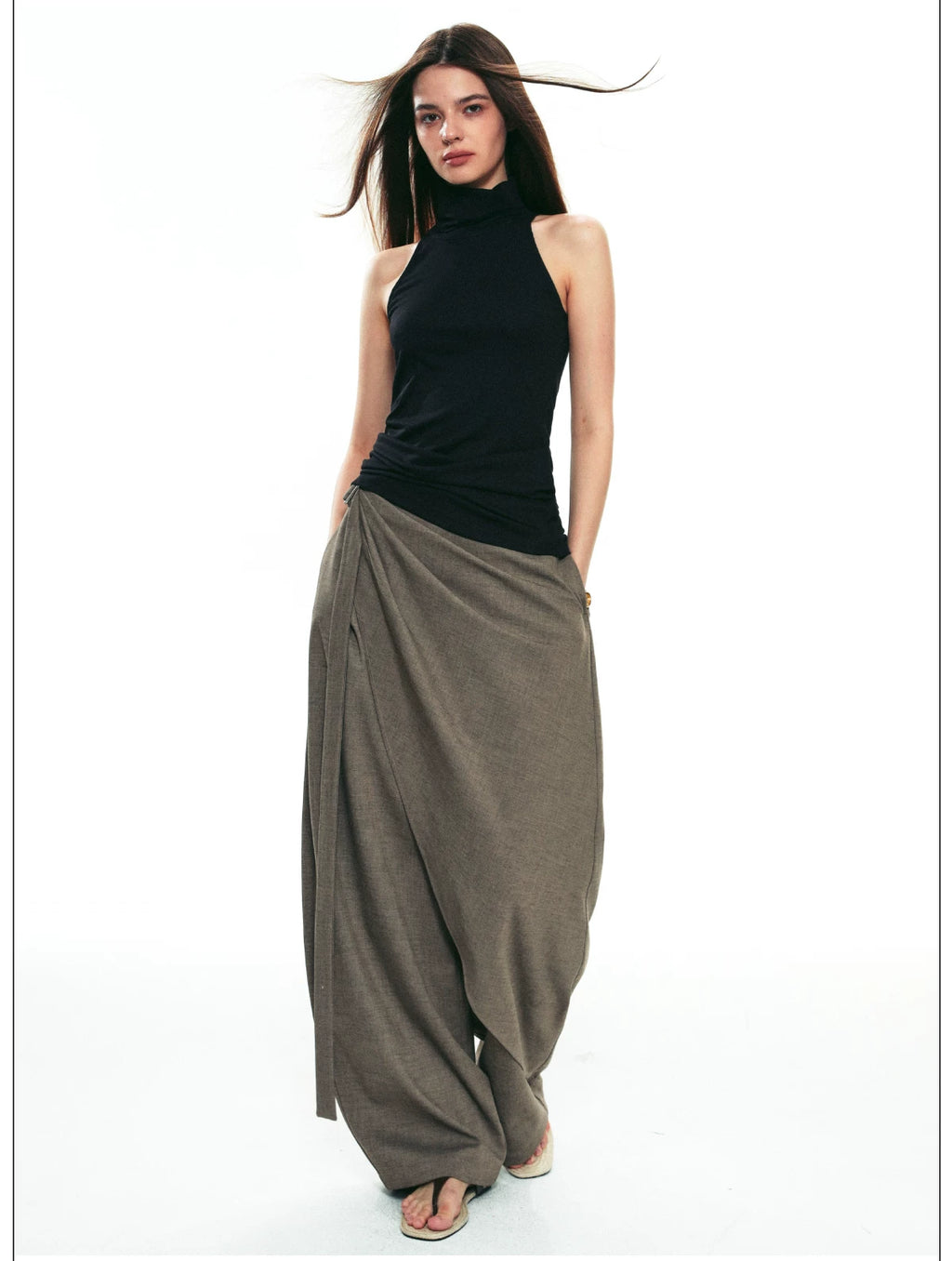 Autumn Wool-Blend Wide-Leg Tailored Pants with Layered Tie Details