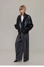 Waxed Black Leather Moto Jacket with Curved Shoulders