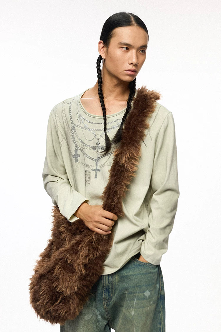 Brown Plush Embroidered & Leather Crossbody Bag – Large Capacity