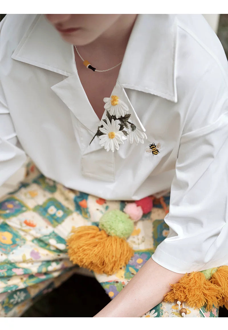Chamomile Embroidered Asymmetrical Collar Short Sleeve Shirt