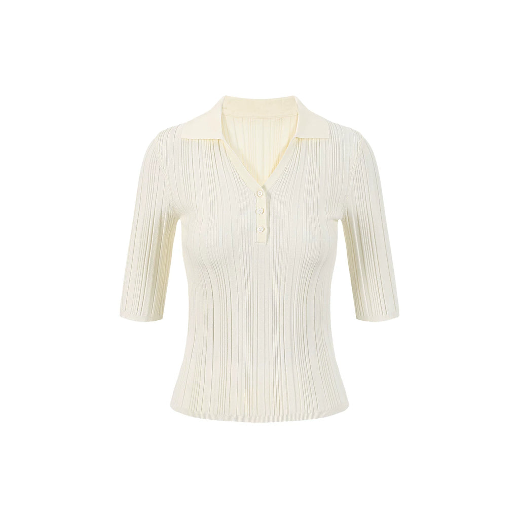 French-Inspired Ribbed Half Sleeve Polo Knit Top