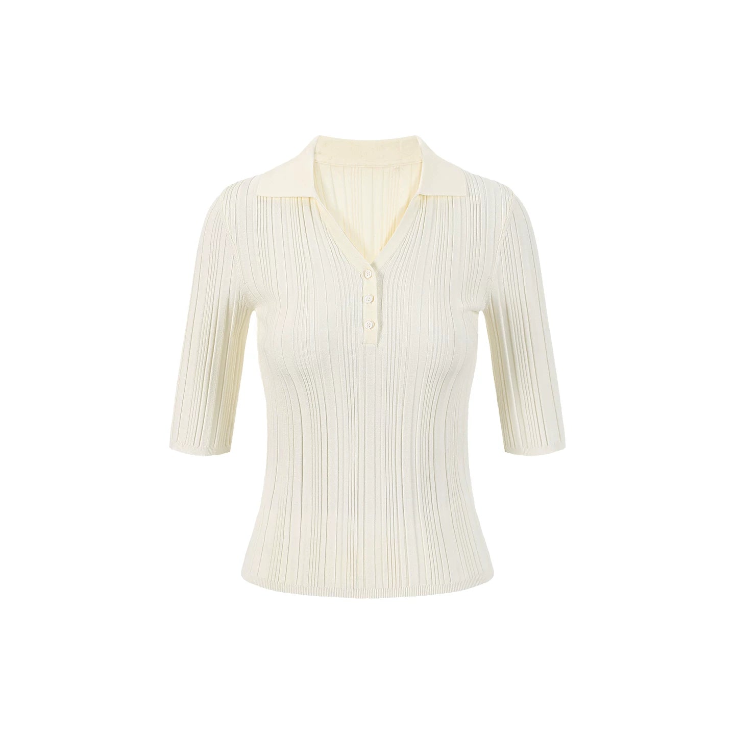 French-Inspired Ribbed Half Sleeve Polo Knit Top