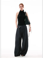 French Style Foldover Wide-Waist Tie Loose Wide-Leg Pants