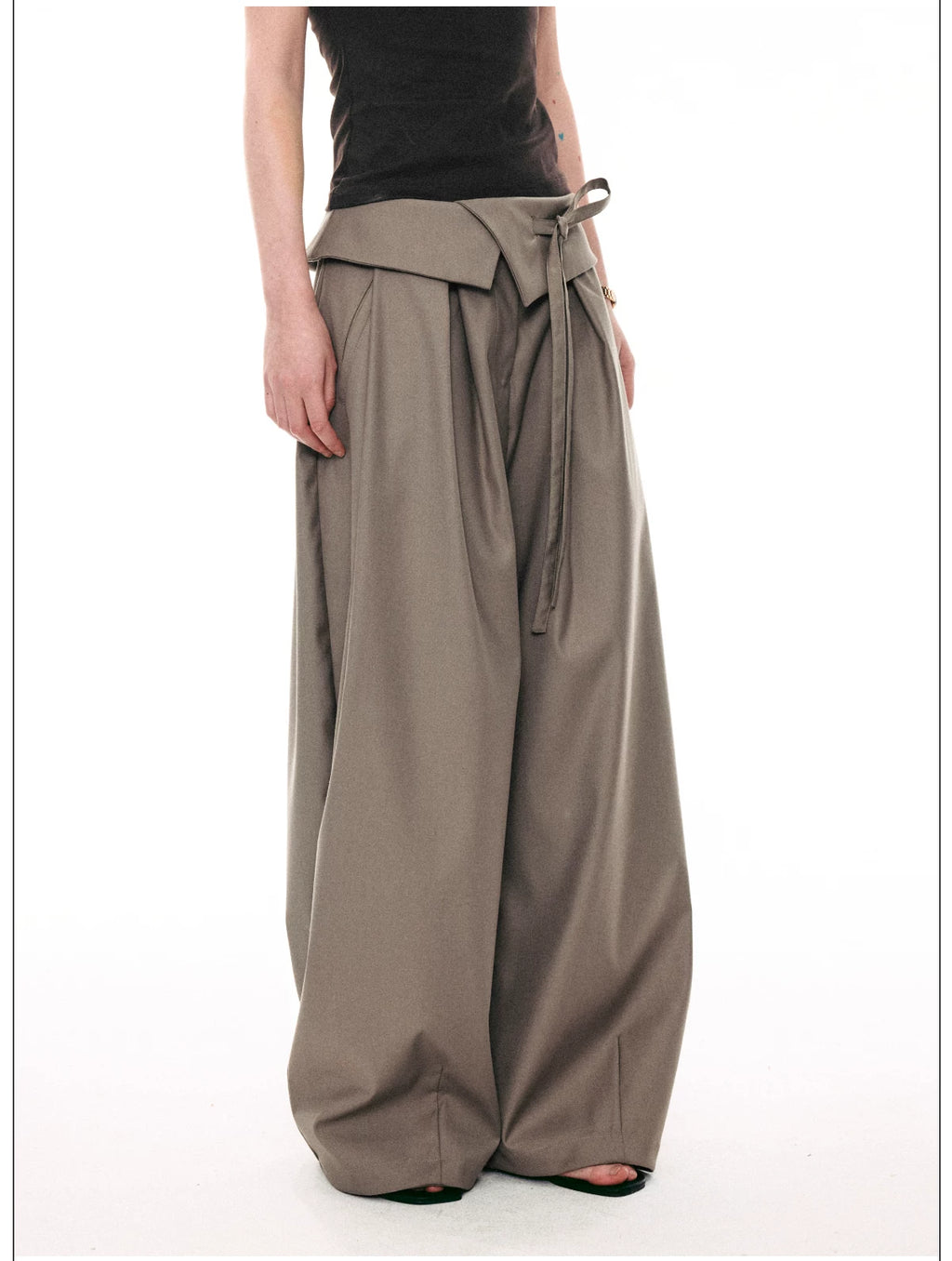French Style Foldover Wide-Waist Tie Loose Wide-Leg Pants