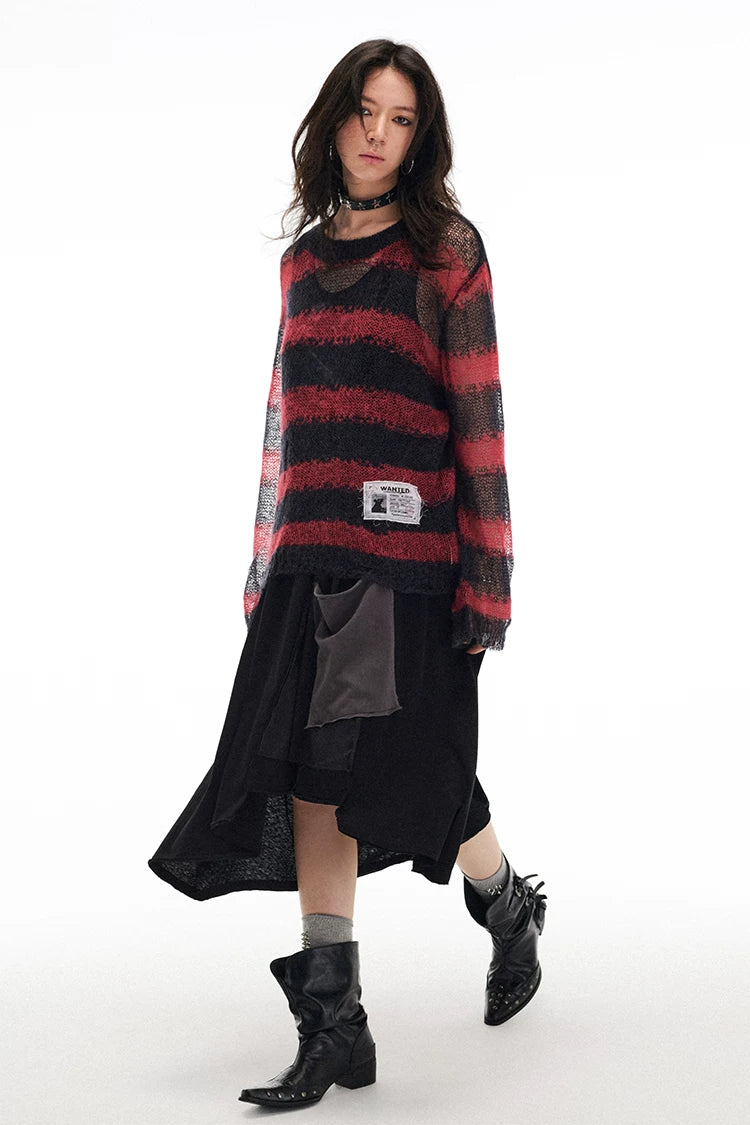 Soft Wool & Mohair Striped Open-Knit Distressed Sweater