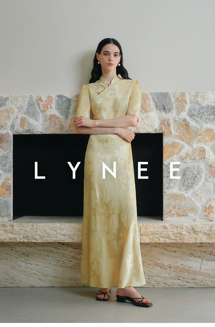 Jacquard Bias-Cut Mid-Sleeve Cheongsam Dress