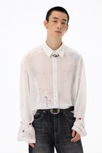 All-Over Print Lightweight Semi-Sheer Crinkled White Shirt