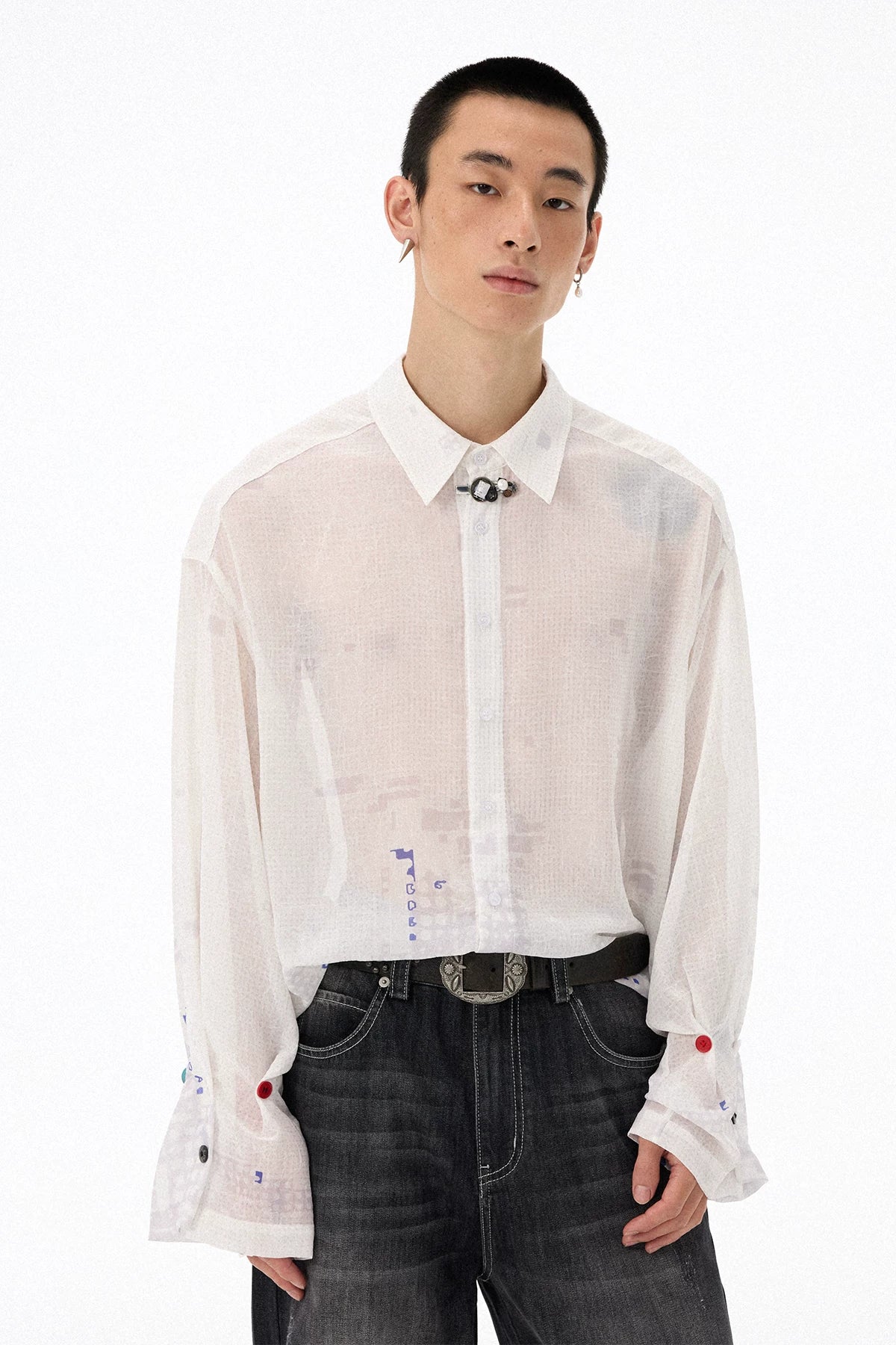 All-Over Print Lightweight Semi-Sheer Crinkled White Shirt