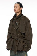 Raglan Sleeve Detachable Panel Cotton Denim Cropped Brown Trench Jacket