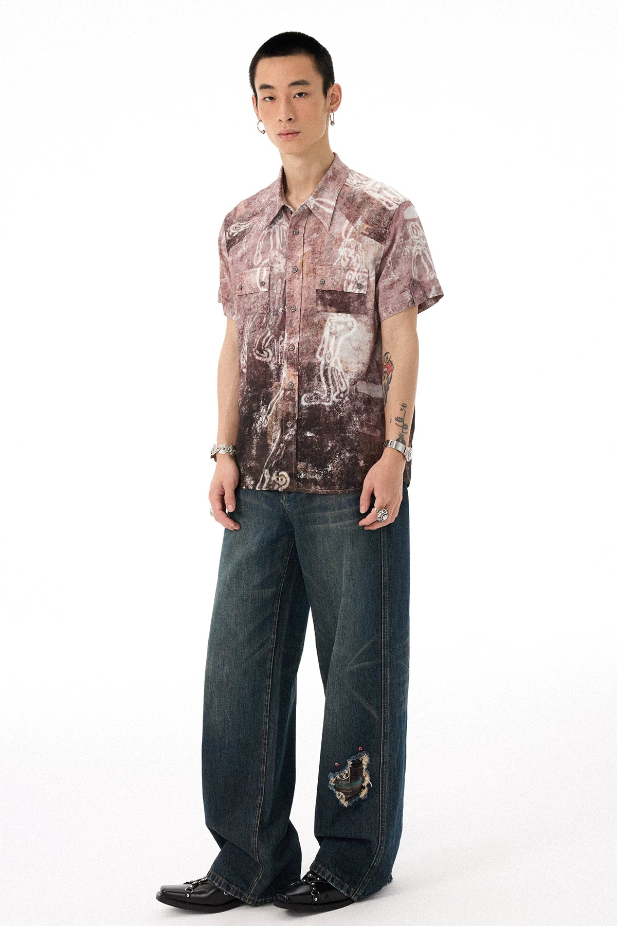 Vintage Workwear-Inspired All-Over Print Draped Short Sleeve Shirt