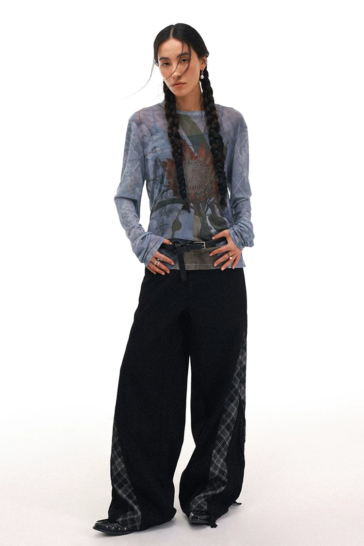 Plaid Lace Panel Draped Boho Flared Jeans Secondary image
