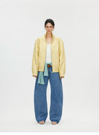 Butter Yellow Curved-Shoulder Leather Bomber Jacket