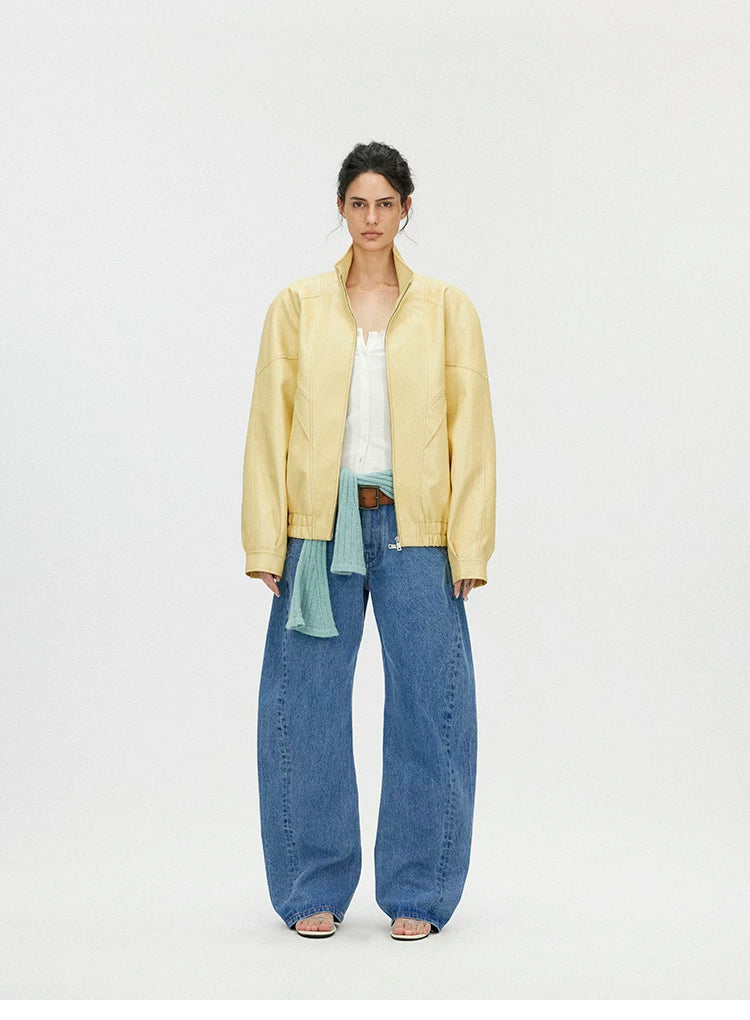 Butter Yellow Curved-Shoulder Leather Bomber Jacket